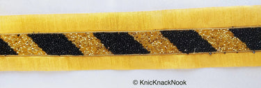 Gold Fabric Trim With Black Seed Beads And Gold Bugle Beads Embellishments, Stripe Beaded Trim, Approx. 65mm